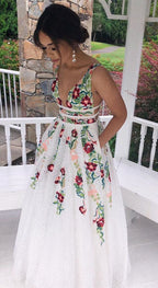 Charming V Neck A Line Prom Dress With Embroidery, Open Back Evening Dress