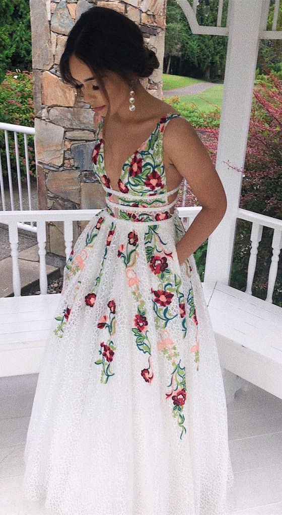 Charming V Neck A Line Prom Dress With Embroidery, Open Back Evening Dress