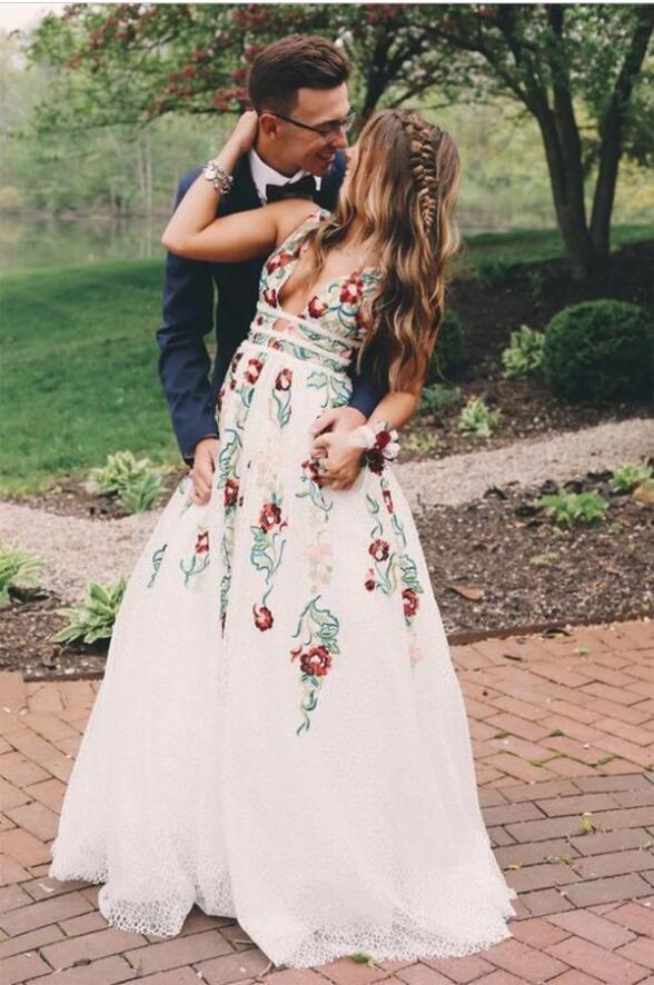 Charming V Neck A Line Prom Dress With Embroidery, Open Back Evening Dress Main image