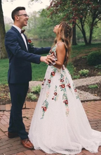 Charming V Neck Floral Embroidery Long Lace Prom Dress With Pocket