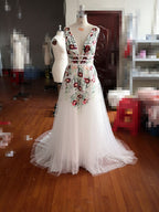 Charming V Neck Floral Embroidery Long Lace Prom Dress With Pocket