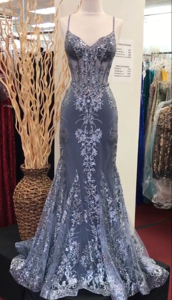 Charming V Neck Lace Mermaid Prom Dress Long Evening Dress Main image