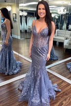 Charming V Neck Lace Mermaid Prom Dress Long Evening Dress
