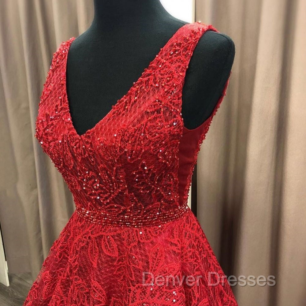 Charming V-neck Sleeveless Prom Party Gowns| Affordable Red Lace Beading Long Prom Gown Secondary image