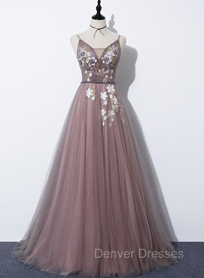 Charming V-neckline Flowers Dark Pink Prom Gown, Long Formal Dress Main image