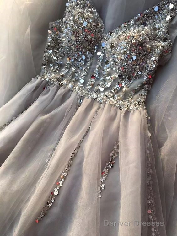 Charming V Neckline Grey A Line Prom Dress With Beaded, Sexy Long Prom Dresses Main image
