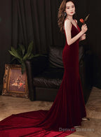 Charming V-Neckline Mermaid Velvet Evening Gown Wedding Party Dress, Dark Red Long Prom Dress