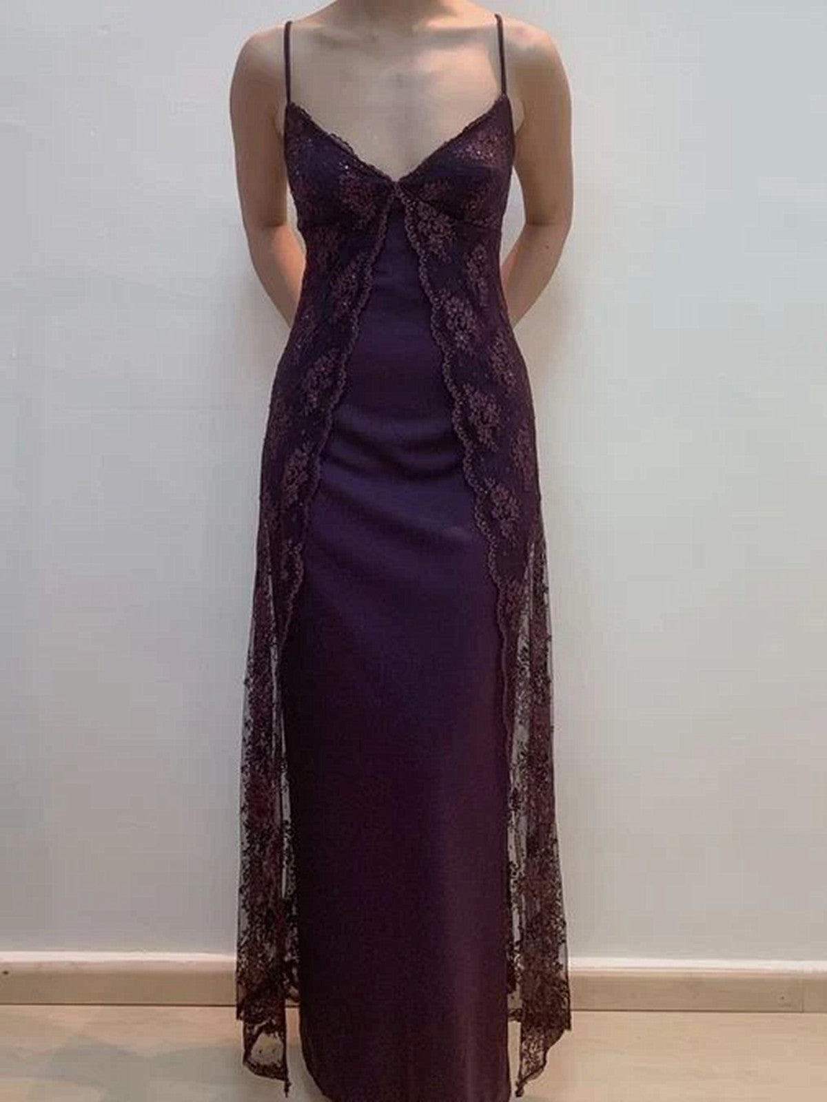 Charming V-Neckline Purple Lace Straps A-Line Prom Dress, Purple Long Formal Dress Secondary image