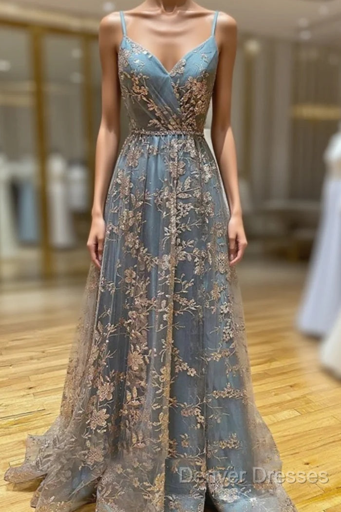 Charming V-Necklinetulle Sequins Long Prom Dress, V-Neck Backless Formal Dress Main image