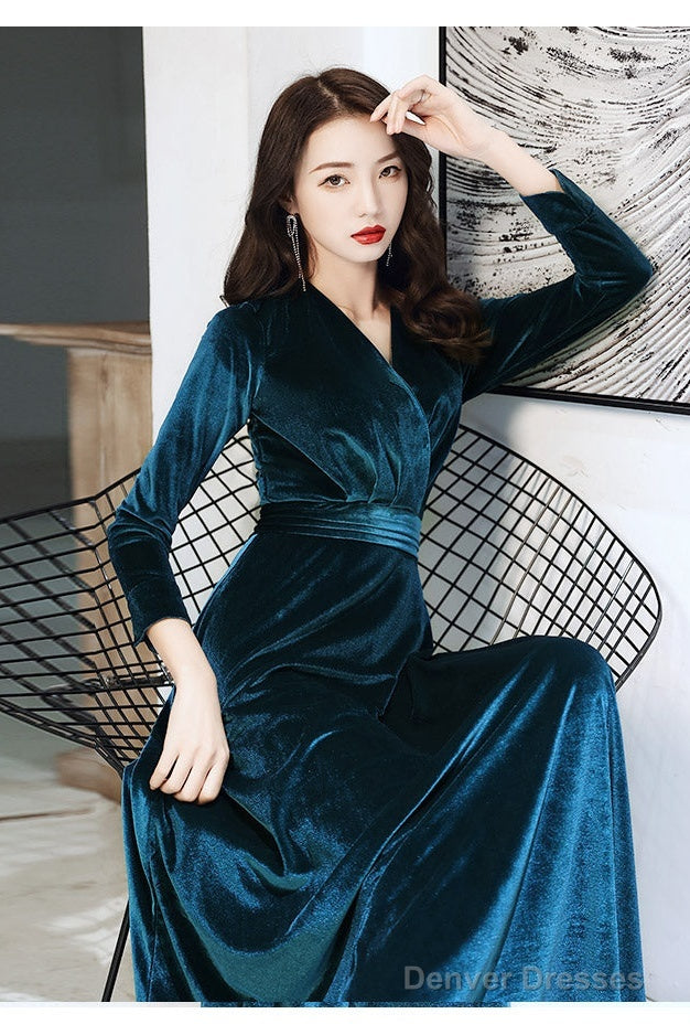 Charming Velvet V-Neckline Simple Long Bridesmaid Dress, Long Sleeves A-Line Party Dress