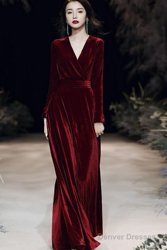 Charming Velvet V-Neckline Simple Long Bridesmaid Dress, Long Sleeves A-Line Party Dress
