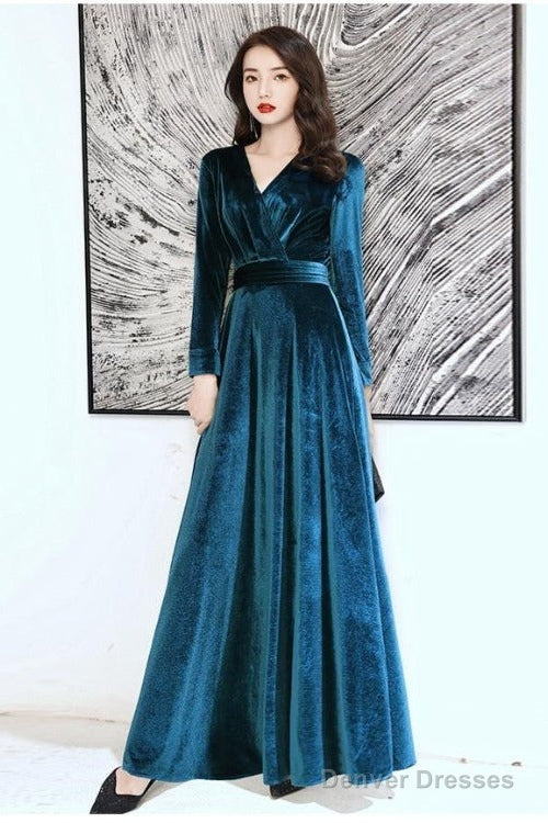 Charming Velvet V-Neckline Simple Long Bridesmaid Dress, Long Sleeves A-Line Party Dress Main image