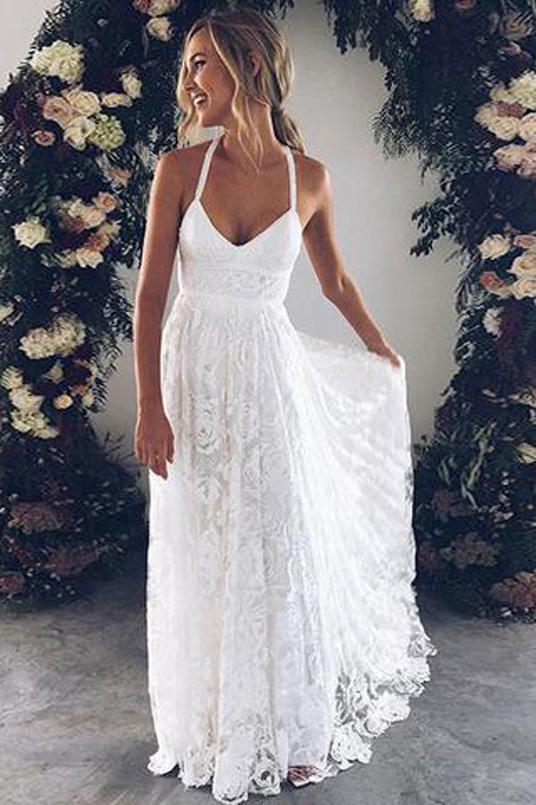 Charming Ivory Lace Floor Length V Neck Long Wedding Dress On Line Main image
