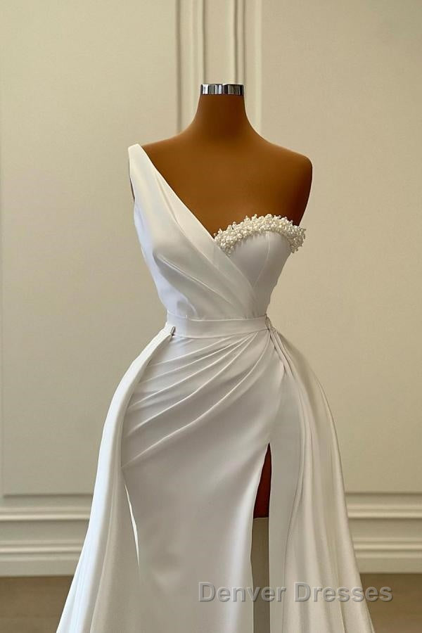 Charming White Long Mermaid One Shoulder Satin Beading Formal Prom Dress