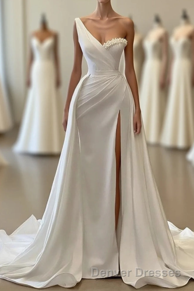Charming White Long Mermaid One Shoulder Satin Beading Formal Prom Dress Main image