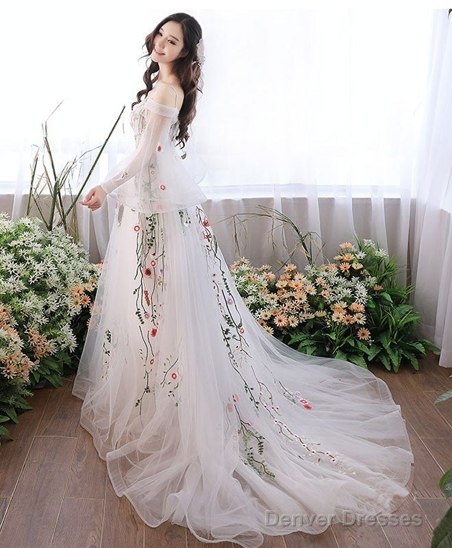 Charming White Tulle With Lace Off Shoulder Wedding Party Dresses, White Formal Dresses