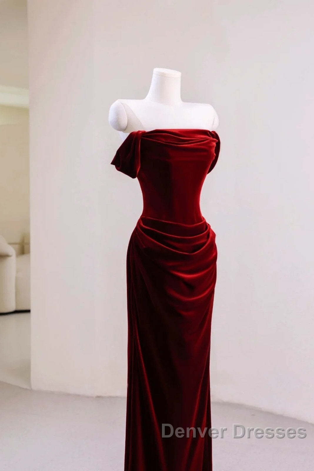 Charming Wine Red Mermaid Off Shoulder Velvet Formal Dress, Wine Red Long Prom Dress Secondary image