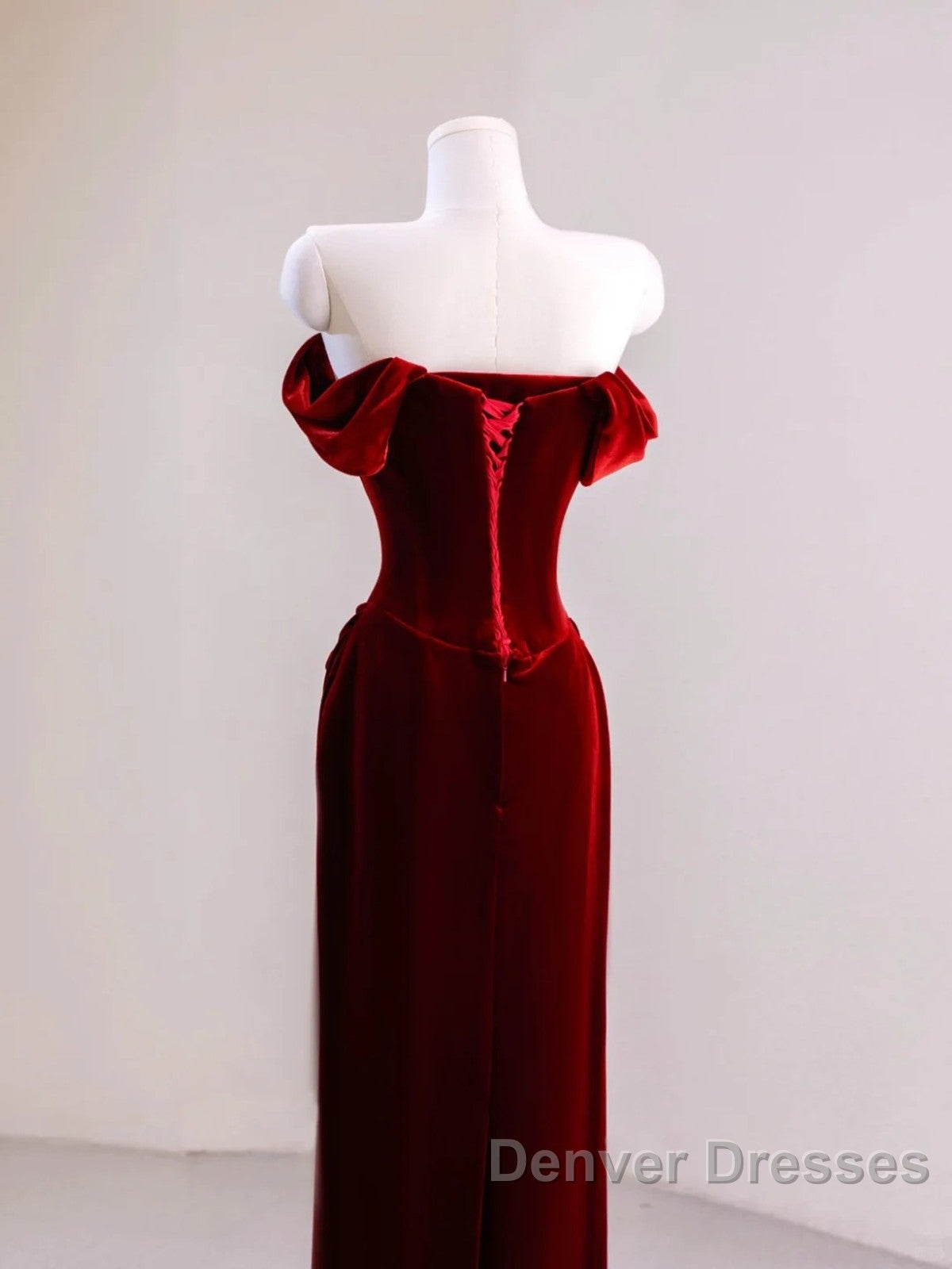 Charming Wine Red Mermaid Off Shoulder Velvet Formal Dress, Wine Red Long Prom Dress