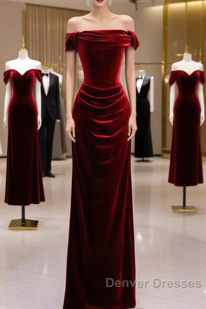 Charming Wine Red Mermaid Off Shoulder Velvet Formal Dress, Wine Red Long Prom Dress Main image