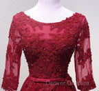 Charming Wine Red Short Sleeves Lace Applique Wedding Party Dress, Formal Gown