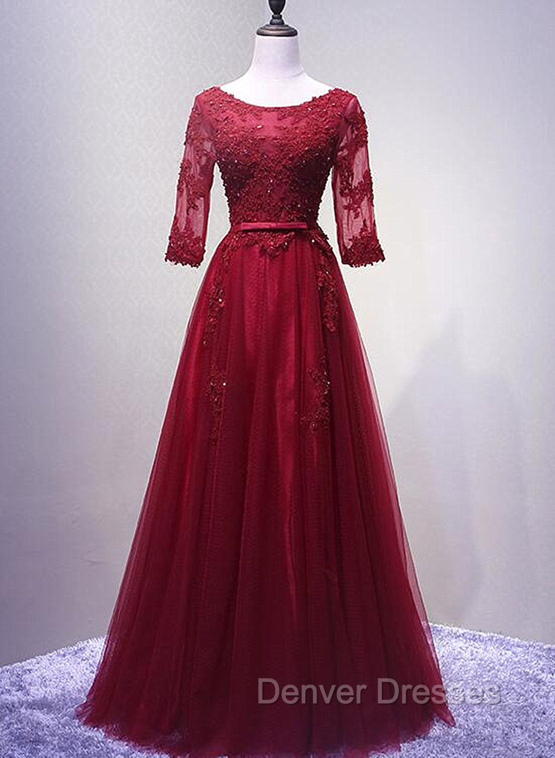 Charming Wine Red Short Sleeves Lace Applique Wedding Party Dress, Formal Gown Main image