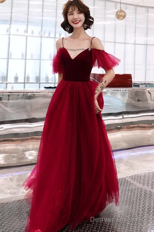 Charming Wine Red Straps Long Evening Party Dresses, A-Line Straps Prom Dresses