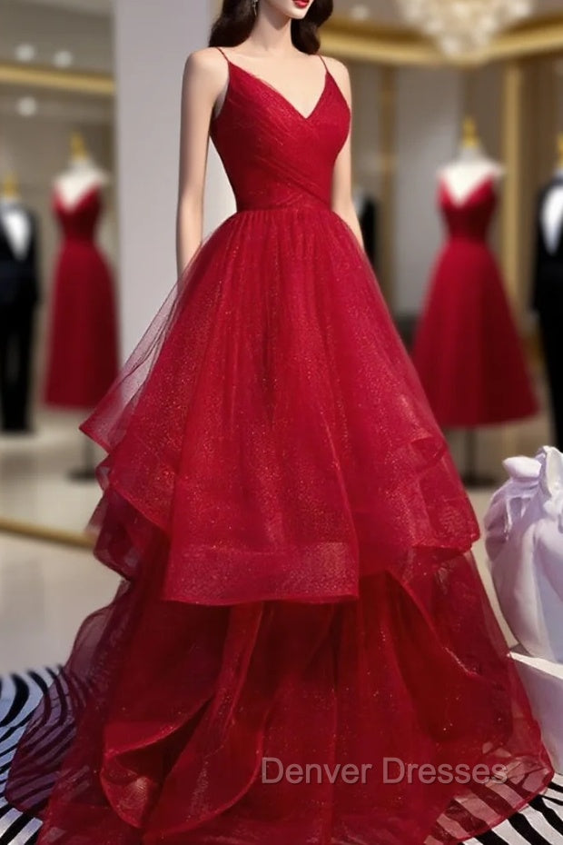 Charming Wine Red Straps Sweetehart Layers Tulle Prom Dress, Long Party Dress Secondary image