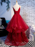 Charming Wine Red Straps Sweetehart Layers Tulle Prom Dress, Long Party Dress