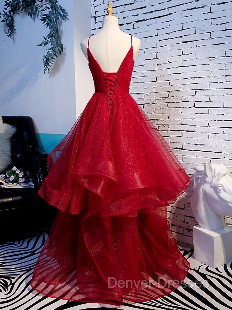 Charming Wine Red Straps Sweetehart Layers Tulle Prom Dress, Long Party Dress