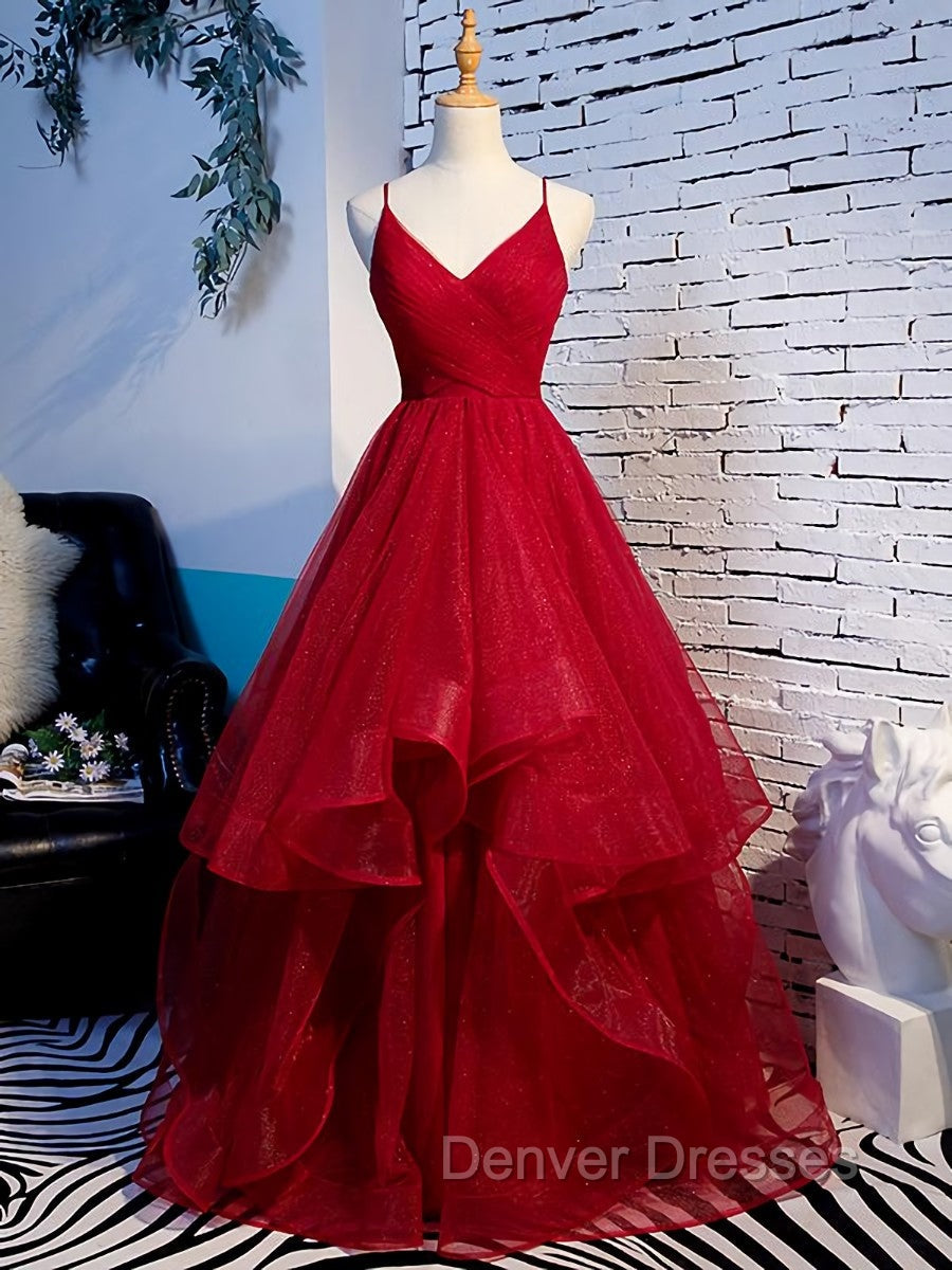 Charming Wine Red Straps Sweetehart Layers Tulle Prom Dress, Long Party Dress