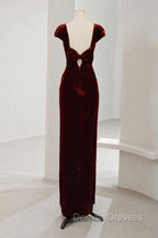 Charming Wine Red Velvet Cap Sleeves Long Party Dress, Wedding Party Dress