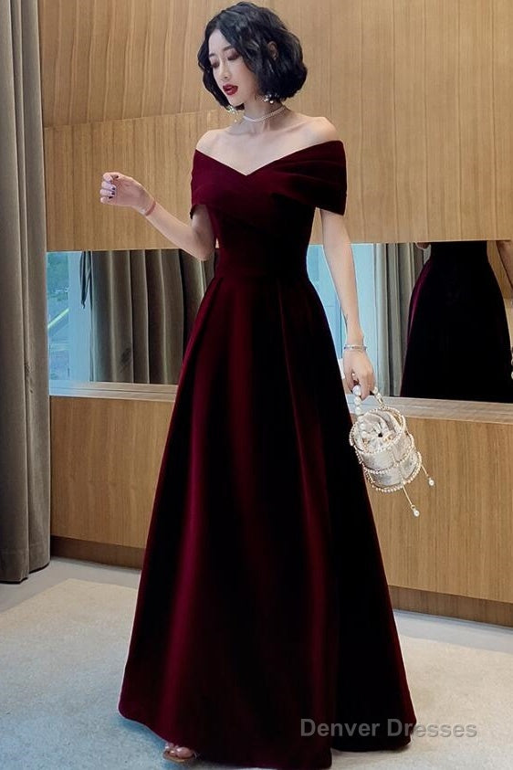 Charming Wine Red Velvet Off Shoulder Long Party Dress, A-Line Prom Dress