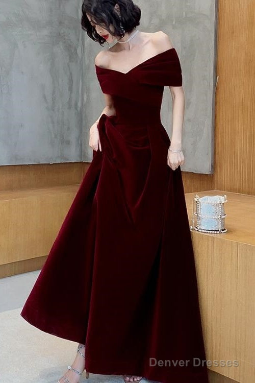 Charming Wine Red Velvet Off Shoulder Long Party Dress, A-Line Prom Dress Main image
