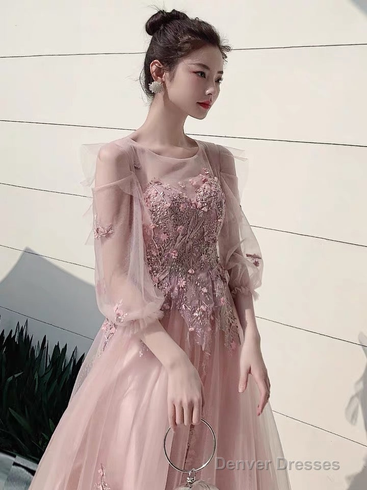 Charminig Pink Tulle Long Sleeves Round Neckline Party Dresses, A-Line Pink Formal Dress With Lace Secondary image