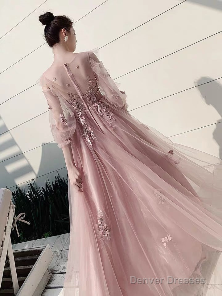 Charminig Pink Tulle Long Sleeves Round Neckline Party Dresses, A-Line Pink Formal Dress With Lace