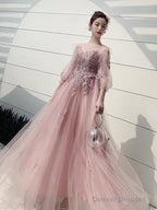 Charminig Pink Tulle Long Sleeves Round Neckline Party Dresses, A-Line Pink Formal Dress With Lace