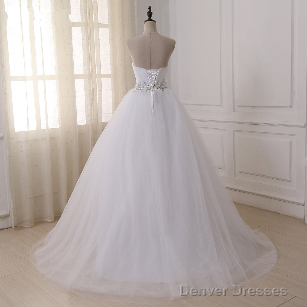 Cheap A Line White Lace Belt Tulle Wedding Dresses Secondary image