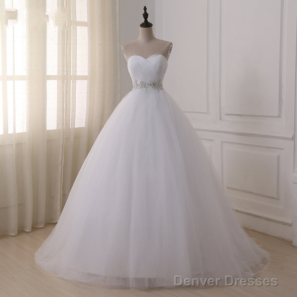 Cheap A Line White Lace Belt Tulle Wedding Dresses Main image