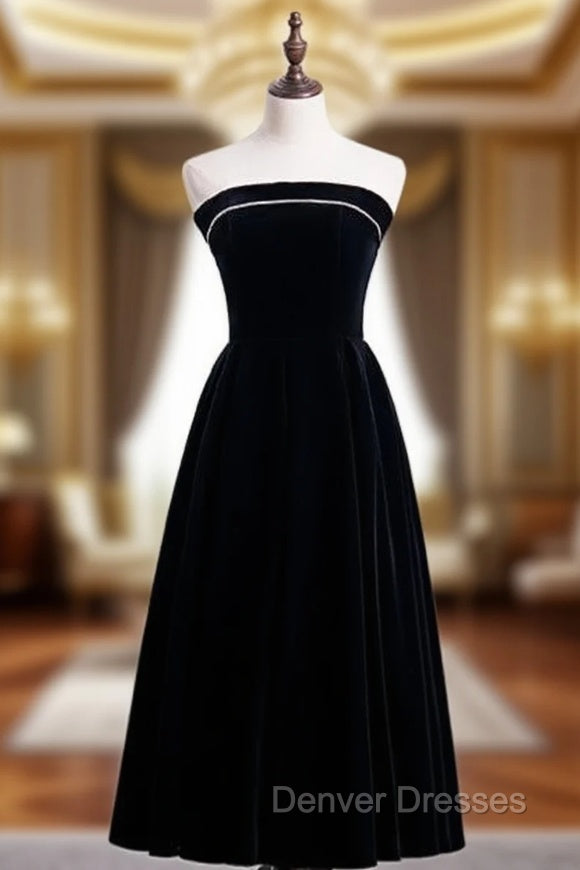 Cheap Black Velvet Strapless Tea Length Prom Dress