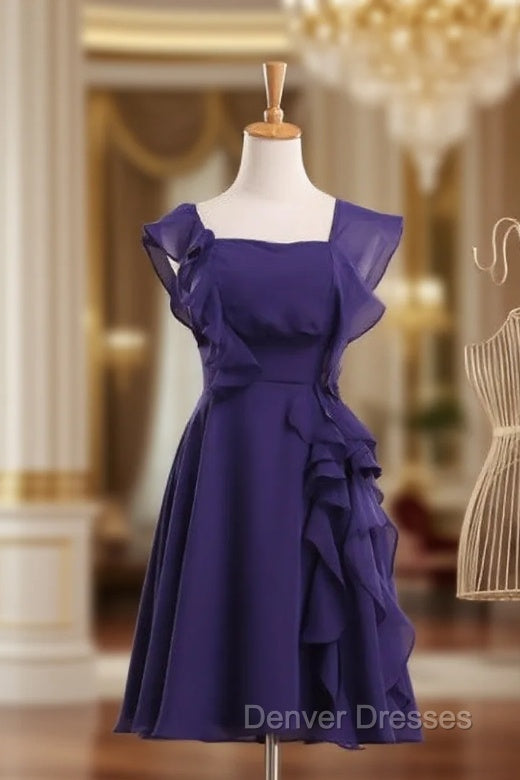 Cheap bridesmaid Dress Square Neck Short Bridesmaid Dress Purple Chiffon Dress