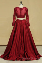 Cheap Burgundy Two-Piece Prom Dress A Line Satin Lace Applique
