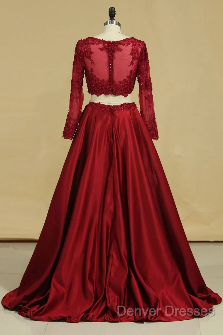 Cheap Burgundy Two-Piece Prom Dress A Line Satin Lace Applique