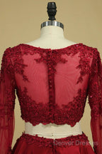 Cheap Burgundy Two-Piece Prom Dress A Line Satin Lace Applique