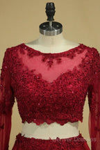 Cheap Burgundy Two-Piece Prom Dress A Line Satin Lace Applique