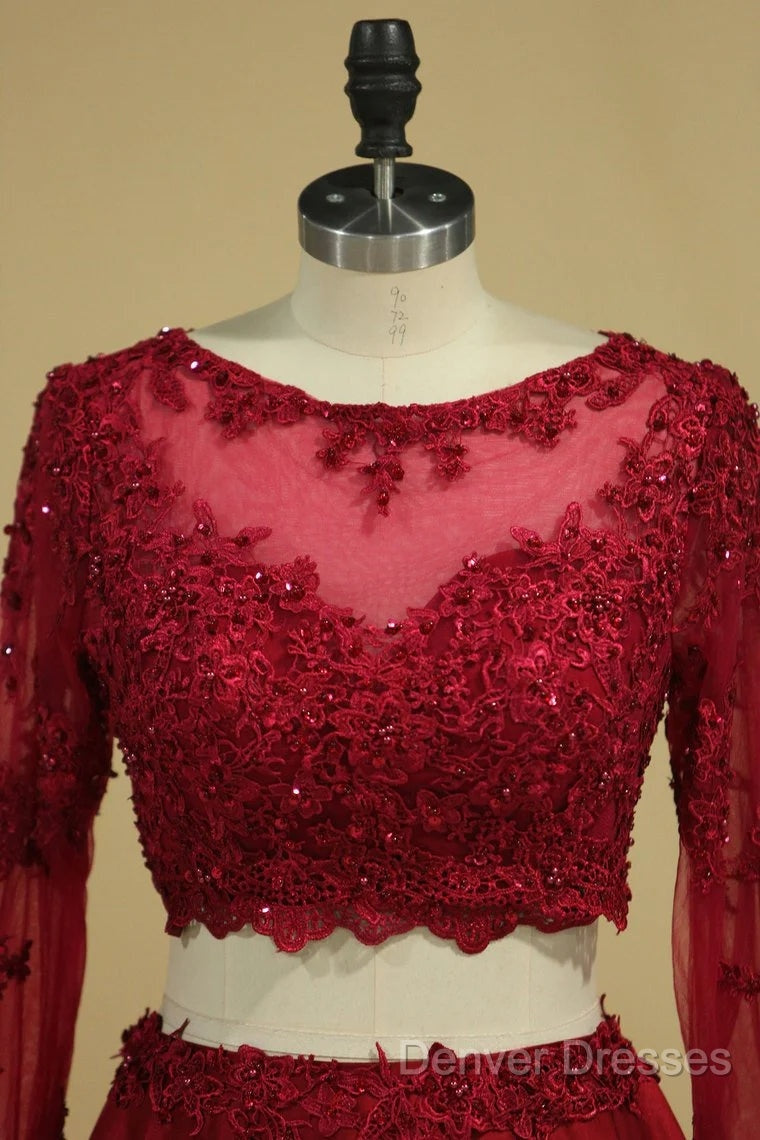 Cheap Burgundy Two-Piece Prom Dress A Line Satin Lace Applique