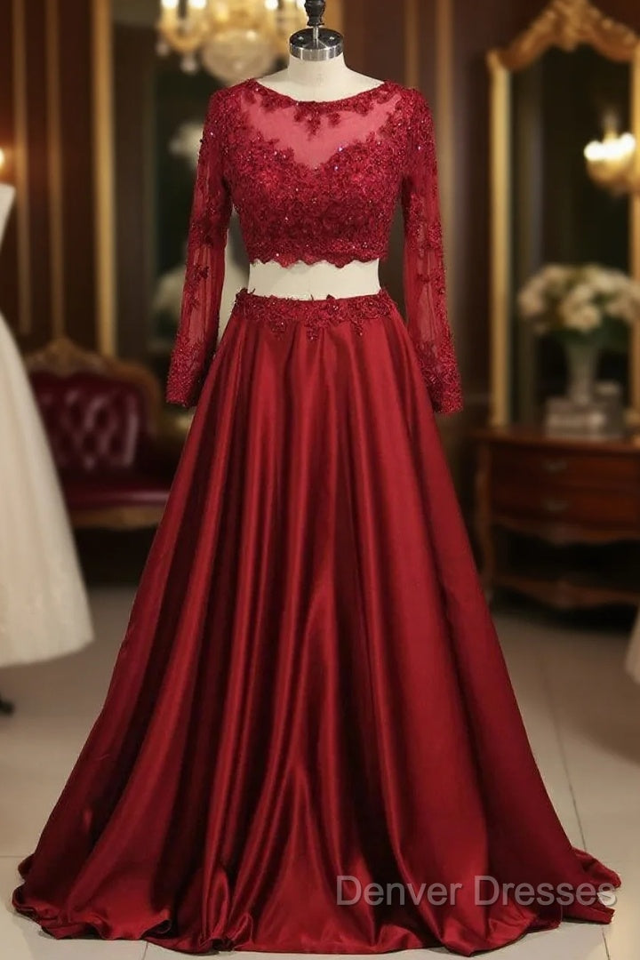 Cheap Burgundy Two-Piece Prom Dress A Line Satin Lace Applique Main image