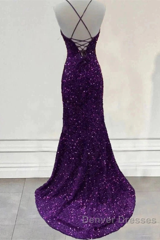 Cheap Dark Purple Prom Dress Sequin Mermaid Formal Evening Dress Split Secondary image