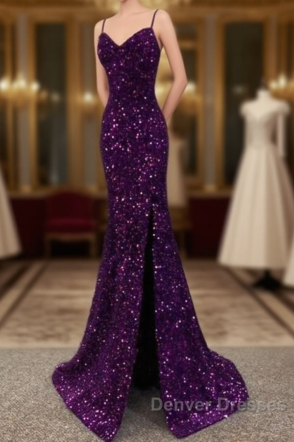 Cheap Dark Purple Prom Dress Sequin Mermaid Formal Evening Dress Split Main image