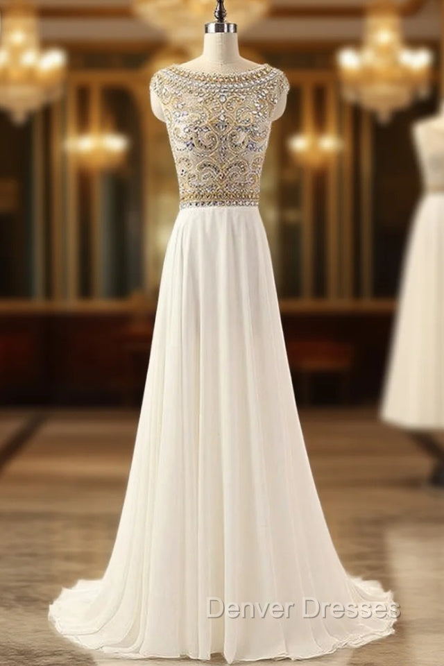 Cheap Ivory Crystals Prom Dress Long Chiffon Beaded Party Dress