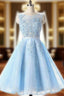 Cheap Light Blue Appliqued Sleeveless Lace Homecoming Dress